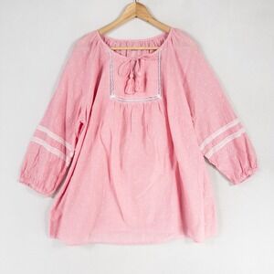 St. John's Bay Top Blouse 0X Pink Mambo Polka Dot Peasant Boho Tassel Ties New *